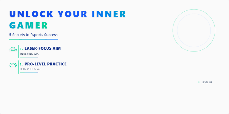 A slide with a dark blue and electric green background, featuring a title 'Unlock Your Inner Gamer: 5 Secrets to Esports Success'. Each secret is highlighted with an animated game controller icon and short, punchy text. Fragment #3