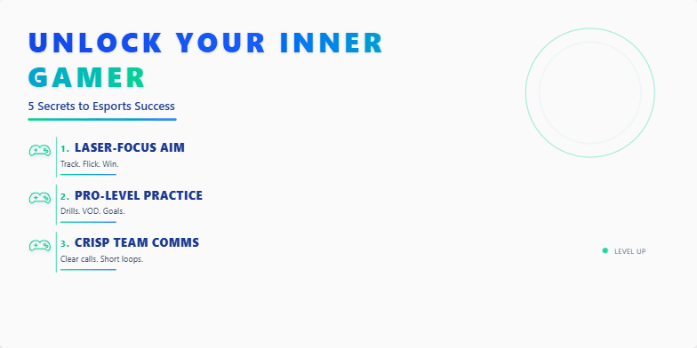 A slide with a dark blue and electric green background, featuring a title 'Unlock Your Inner Gamer: 5 Secrets to Esports Success'. Each secret is highlighted with an animated game controller icon and short, punchy text. Fragment #4
