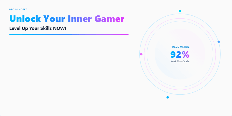 A vibrant slide with a neon and electric blue color scheme.  The title 'Unlock Your Inner Gamer: Level Up Your Skills NOW!' is prominently displayed with a gradient effect.  Animated particles and dynamic elements surround key takeaways, quotes from esports legends, and a progress bar visualizing achievement unlocks. Fragment #1