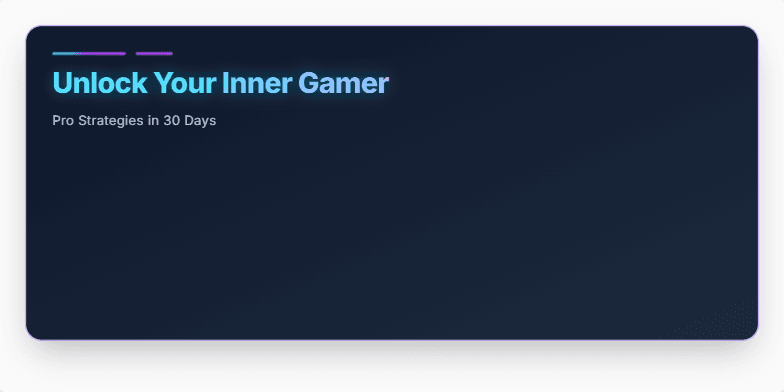 A dark, dynamic slide with neon blue and purple accents. The title 'Unlock Your Inner Gamer: Pro Strategies in 30 Days' is prominently displayed. A large, glowing '30' emphasizes the program's duration.  Stylized icons of a game controller and headset subtly animate. A progress bar indicates the three phases of the program: Mechanics, Mindset, and Matchcraft. Fragment #1