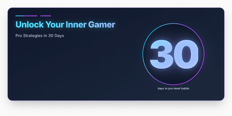A dark, dynamic slide with neon blue and purple accents. The title 'Unlock Your Inner Gamer: Pro Strategies in 30 Days' is prominently displayed. A large, glowing '30' emphasizes the program's duration.  Stylized icons of a game controller and headset subtly animate. A progress bar indicates the three phases of the program: Mechanics, Mindset, and Matchcraft. Fragment #2