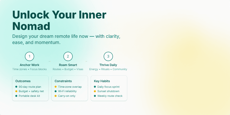 Slide promoting a nomadic lifestyle, featuring deep teal and gold colors, a title 'Unlock Your Inner Nomad,'  and sections on planning, packing, and daily rituals for remote work. Fragment #2