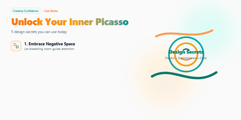 A slide titled 'Unlock Your Inner Picasso: 5 Design Secrets You NEED' with a split layout. The left side features five design secrets revealed one by one with accompanying icons. The right side showcases an abstract artistic illustration with floating circles and lines in sunset hues of orange and teal. Fragment #2
