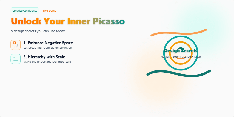 A slide titled 'Unlock Your Inner Picasso: 5 Design Secrets You NEED' with a split layout. The left side features five design secrets revealed one by one with accompanying icons. The right side showcases an abstract artistic illustration with floating circles and lines in sunset hues of orange and teal. Fragment #3