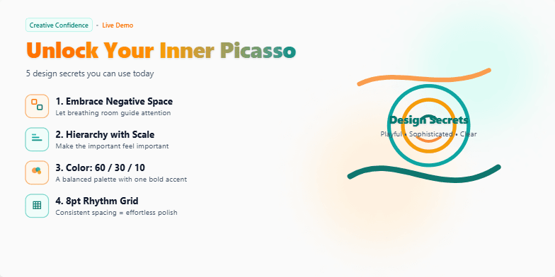 A slide titled 'Unlock Your Inner Picasso: 5 Design Secrets You NEED' with a split layout. The left side features five design secrets revealed one by one with accompanying icons. The right side showcases an abstract artistic illustration with floating circles and lines in sunset hues of orange and teal. Fragment #5
