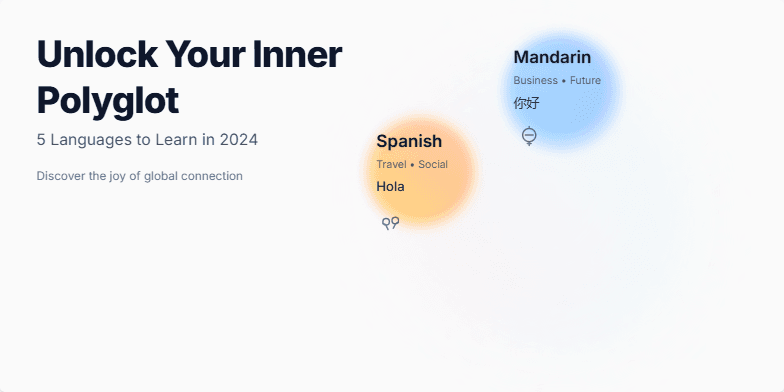 Slide showcasing 5 languages to learn in 2024: Spanish, Mandarin, Arabic, French, and Japanese. Each language is represented by a colorful bubble with a greeting, short description, and a simple icon, all set against a calming pastel background with subtle animations. Fragment #3