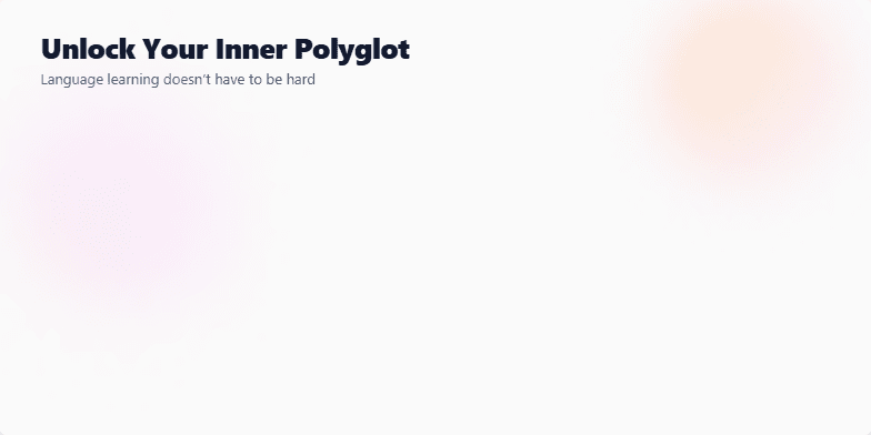 A stylized open book floats against a warm sunset backdrop. Colorful icons representing different languages swirl around the book, pulsing gently with light. The text reads: 'Unlock Your Inner Polyglot: Language learning doesn't have to be hard.' Fragment #1