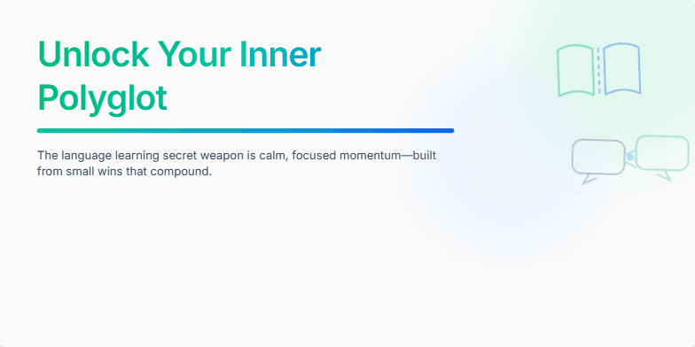 A slide with a calming blue and green background featuring animated shapes and icons related to language learning. The title 'Unlock Your Inner Polyglot: The Language Learning Secret Weapon' is prominently displayed with a shimmer effect. A formula for language acquisition is visualized with actionable tips. Fragment #2