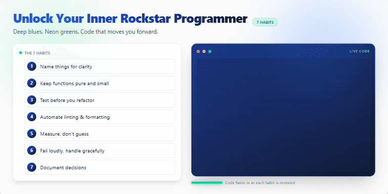 A slide with a dark blue and neon green color scheme. The title 'Unlock Your Inner Rockstar Programmer: 7 Coding Habits to Adopt Today' is prominently displayed.  A list of seven coding habits is shown alongside animated code snippets that illustrate each habit. Fragment #1
