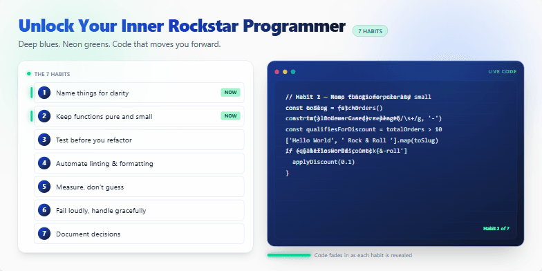A slide with a dark blue and neon green color scheme. The title 'Unlock Your Inner Rockstar Programmer: 7 Coding Habits to Adopt Today' is prominently displayed.  A list of seven coding habits is shown alongside animated code snippets that illustrate each habit. Fragment #3