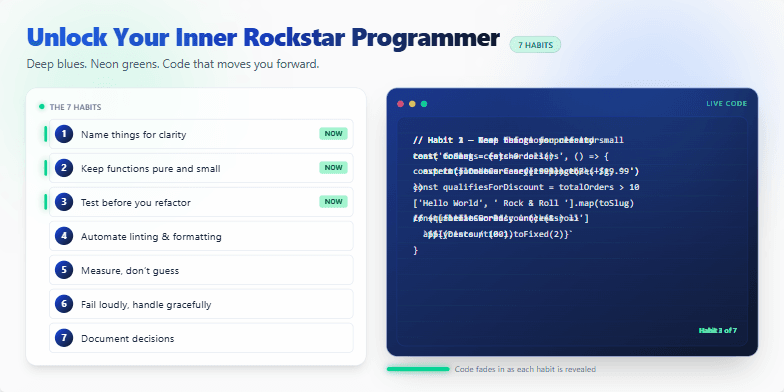 A slide with a dark blue and neon green color scheme. The title 'Unlock Your Inner Rockstar Programmer: 7 Coding Habits to Adopt Today' is prominently displayed.  A list of seven coding habits is shown alongside animated code snippets that illustrate each habit. Fragment #4