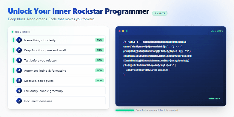 A slide with a dark blue and neon green color scheme. The title 'Unlock Your Inner Rockstar Programmer: 7 Coding Habits to Adopt Today' is prominently displayed.  A list of seven coding habits is shown alongside animated code snippets that illustrate each habit. Fragment #6