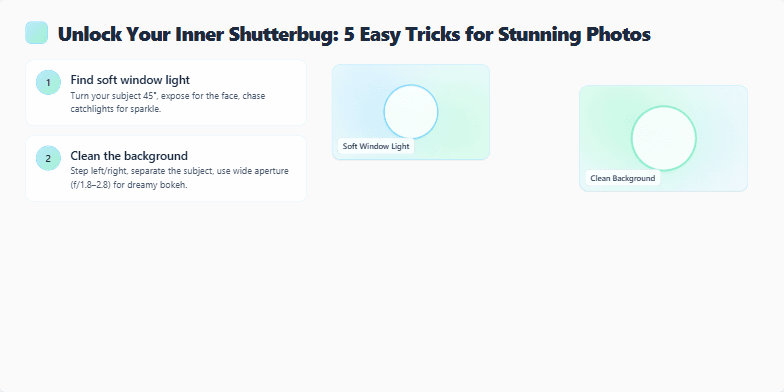 A slide titled 'Unlock Your Inner Shutterbug: 5 Easy Tricks for Stunning Photos'. The slide displays 5 photography tips with accompanying image previews. The design is minimalist, featuring a calming pastel color palette and subtle animations. Fragment #3