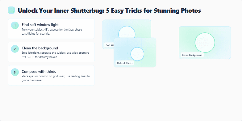 A slide titled 'Unlock Your Inner Shutterbug: 5 Easy Tricks for Stunning Photos'. The slide displays 5 photography tips with accompanying image previews. The design is minimalist, featuring a calming pastel color palette and subtle animations. Fragment #4