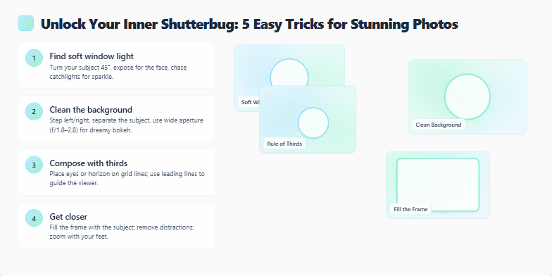 A slide titled 'Unlock Your Inner Shutterbug: 5 Easy Tricks for Stunning Photos'. The slide displays 5 photography tips with accompanying image previews. The design is minimalist, featuring a calming pastel color palette and subtle animations. Fragment #5