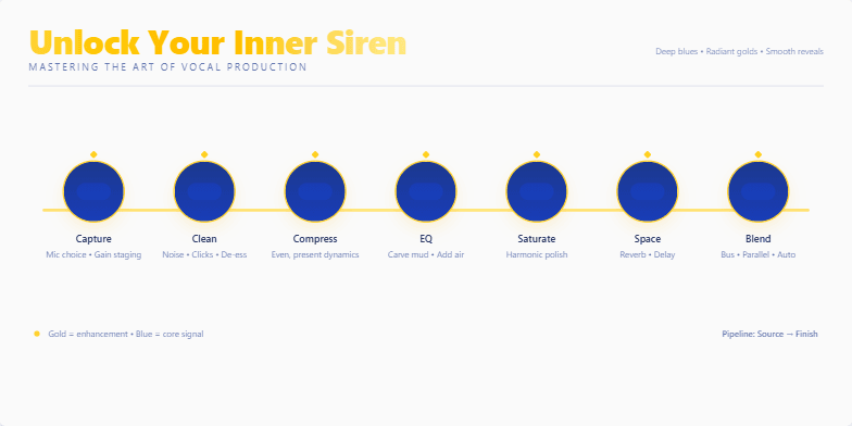 A slide visualizing the seven stages of vocal production: Capture, Clean, Compress, EQ, Saturate, Space, and Blend.  A horizontal line connects the stages, represented by circles with gold accents. Deep blues and golds create a luxurious feel.  Text boxes explain each stage group: Foundation, Shape, and Shine. Fragment #1