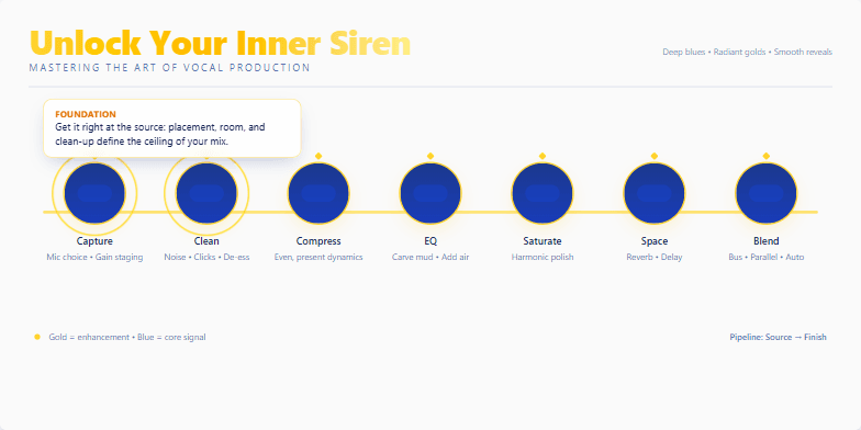 A slide visualizing the seven stages of vocal production: Capture, Clean, Compress, EQ, Saturate, Space, and Blend.  A horizontal line connects the stages, represented by circles with gold accents. Deep blues and golds create a luxurious feel.  Text boxes explain each stage group: Foundation, Shape, and Shine. Fragment #2