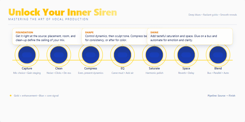 A slide visualizing the seven stages of vocal production: Capture, Clean, Compress, EQ, Saturate, Space, and Blend.  A horizontal line connects the stages, represented by circles with gold accents. Deep blues and golds create a luxurious feel.  Text boxes explain each stage group: Foundation, Shape, and Shine.