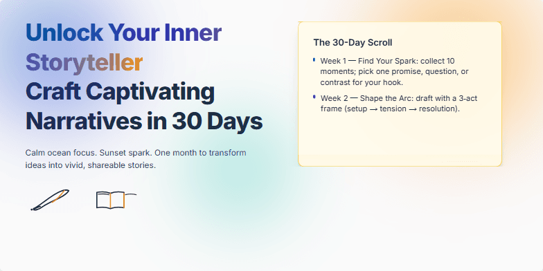 Slide title 'Unlock Your Inner Storyteller: Craft Captivating Narratives in 30 Days' with ocean-sunset gradient background. Hand-drawn quill and book sketches. An animated scroll reveals the 30-day program outline. Fragment #3
