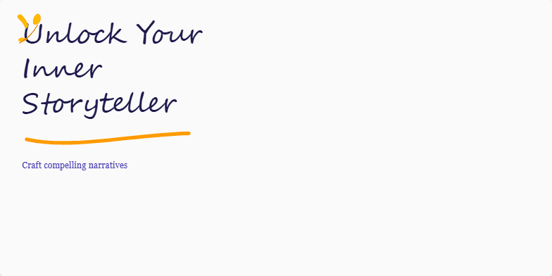 A slide titled 'Unlock Your Inner Storyteller: Craft Compelling Narratives' with a deep blue background and warm gold accents. The title is in a handwritten script font. A curved line illustrates the narrative arc with points labeled 'Hook,' 'Stakes,' 'Turning Point,' and 'Resolution.'  A quill and ink animation adds a dynamic element, and delicate floral accents enhance the visual appeal. Fragment #2