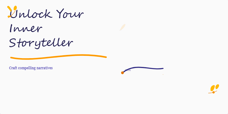 A slide titled 'Unlock Your Inner Storyteller: Craft Compelling Narratives' with a deep blue background and warm gold accents. The title is in a handwritten script font. A curved line illustrates the narrative arc with points labeled 'Hook,' 'Stakes,' 'Turning Point,' and 'Resolution.'  A quill and ink animation adds a dynamic element, and delicate floral accents enhance the visual appeal. Fragment #3