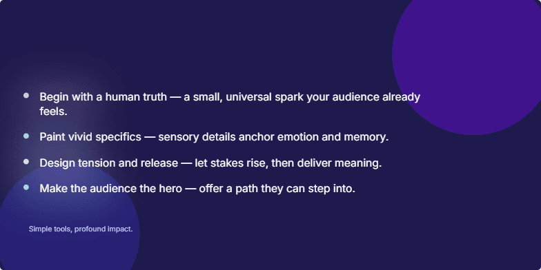 A slide with a deep indigo background and the title 'Unlock Your Inner Storyteller: Craft Narratives That Captivate' in elegant script. Key points are highlighted with subtle watercolor animations, and the minimalist design emphasizes clarity.