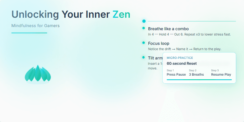 A slide titled 'Unlocking Your Inner Zen: Mindfulness for Gamers.' A stylized lotus flower pulses gently on a background of calming blues and greens with neon accents.  Three mindfulness techniques are presented: 'Breathe like a combo,' 'Focus loop,' and 'Tilt armor,' alongside a '60-second Reset' micro-practice.