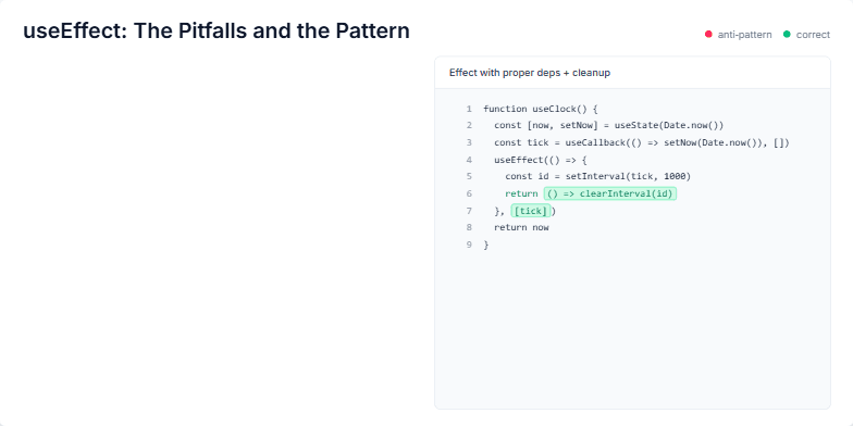 Slide illustrating common useEffect pitfalls and best practices in React. The left side highlights pitfalls in red, while the right side shows correct usage in green with a code example demonstrating proper dependencies and cleanup. Fragment #1