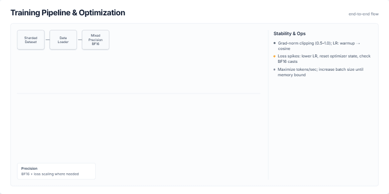 A slide titled 'Training Pipeline & Optimization' showing a flowchart of a machine learning training process. The flow includes stages like Sharded Dataset, Data Loader, Mixed Precision BF16, and Distributed Training. A sidebar on the right details stability tips and throughput metrics with bar charts. Fragment #4