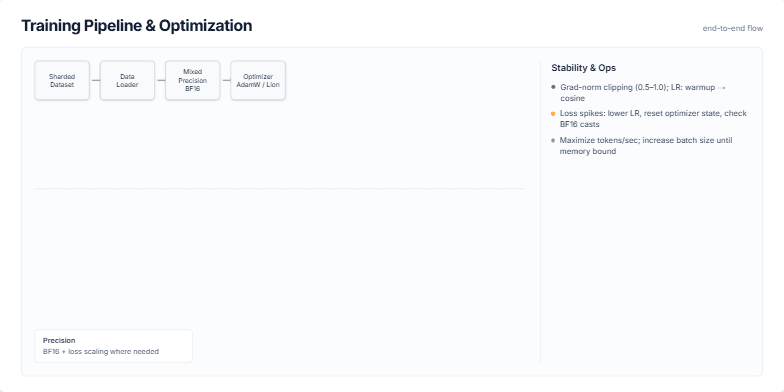 A slide titled 'Training Pipeline & Optimization' showing a flowchart of a machine learning training process. The flow includes stages like Sharded Dataset, Data Loader, Mixed Precision BF16, and Distributed Training. A sidebar on the right details stability tips and throughput metrics with bar charts. Fragment #5