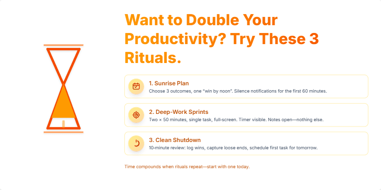 A slide with an animated hourglass and three glowing icons, illustrating three rituals to double productivity: Sunrise Plan, Deep-Work Sprints, and Clean Shutdown.
