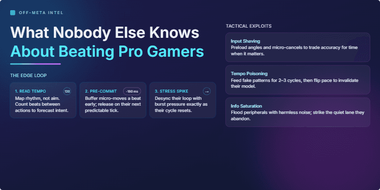 A dark, neon-infused slide with a cyberpunk aesthetic. The title 'What Nobody Else Knows About Beating Pro Gamers' is prominently displayed. The slide is divided into sections: 'The Edge Loop' and 'Tactical Exploits,' each outlining strategies with animated elements. Fragment #3