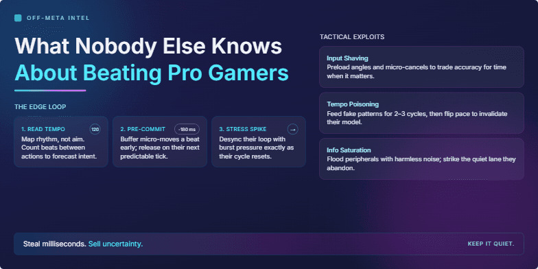 A dark, neon-infused slide with a cyberpunk aesthetic. The title 'What Nobody Else Knows About Beating Pro Gamers' is prominently displayed. The slide is divided into sections: 'The Edge Loop' and 'Tactical Exploits,' each outlining strategies with animated elements.