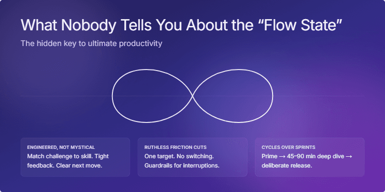 A presentation slide titled 'What Nobody Tells You About the Flow State' set against a deep indigo and violet background. In the center, a glowing white infinity symbol is animated, representing focus. Three key principles are listed at the bottom in minimalist, translucent cards.