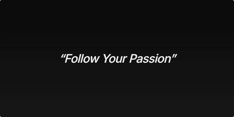 A title slide with a dark background. The words 'Follow Your Passion' in an elegant script are crossed out by a vibrant pinkish-red line. Below, the text reads 'Why it’s actually terrible career advice (and what to do instead)' in a bold, modern font. Fragment #1