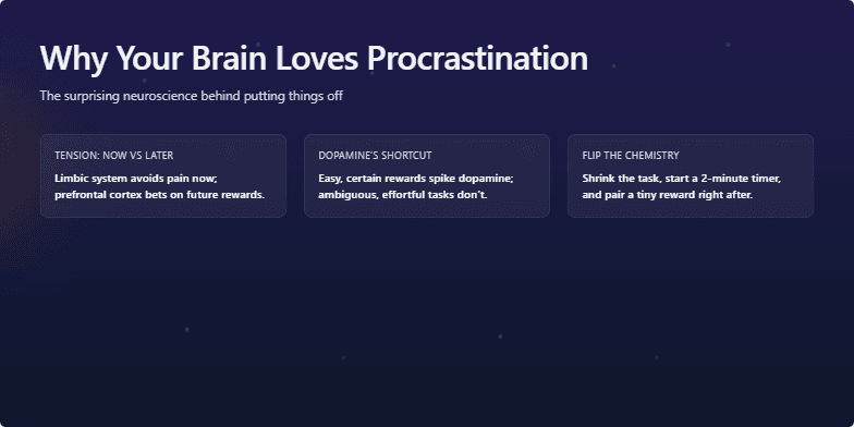 A presentation slide about the neuroscience of procrastination. It features a dark navy blue background with softly pulsing white dots that resemble a starfield or neural network. A single glowing orange orb drifts across the screen. The title, 'Why Your Brain Loves Procrastination,' is in large white text at the top, with three informational cards below explaining the concepts of 'Tension: Now vs Later,' 'Dopamine's shortcut,' and 'Flip the chemistry.' A final summary is highlighted in an orange box at the bottom. Fragment #2
