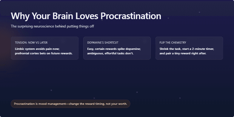 A presentation slide about the neuroscience of procrastination. It features a dark navy blue background with softly pulsing white dots that resemble a starfield or neural network. A single glowing orange orb drifts across the screen. The title, 'Why Your Brain Loves Procrastination,' is in large white text at the top, with three informational cards below explaining the concepts of 'Tension: Now vs Later,' 'Dopamine's shortcut,' and 'Flip the chemistry.' A final summary is highlighted in an orange box at the bottom.