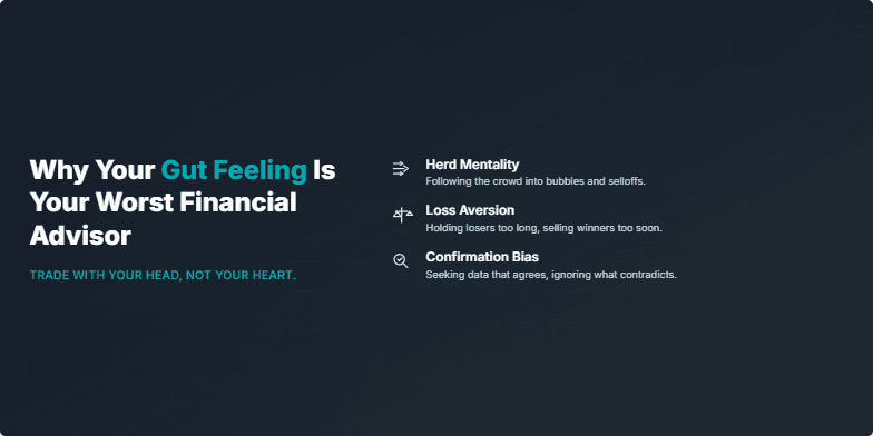 A presentation slide with a dark background and abstract data visualization. The title on the left reads, 'Why Your Gut Feeling Is Your Worst Financial Advisor' in white and cyan text. On the right, a vertical list details five cognitive biases: Herd Mentality, Loss Aversion, Confirmation Bias, Recency Bias, and Overconfidence, each accompanied by a simple cyan line-art icon. Fragment #4