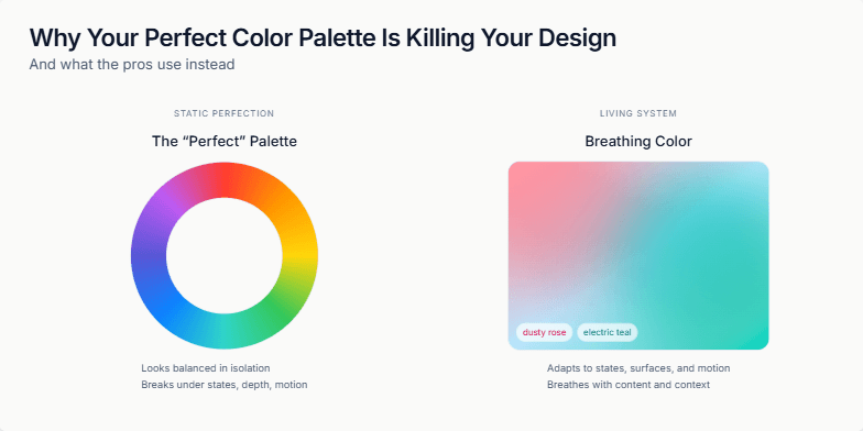 A slide comparing a static color wheel on the left with a dynamic, animated gradient on the right. A glitchy tear animation divides the two sides, illustrating the failure of static palettes in dynamic design systems. Fragment #1