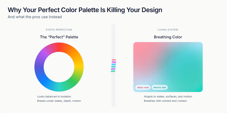 A slide comparing a static color wheel on the left with a dynamic, animated gradient on the right. A glitchy tear animation divides the two sides, illustrating the failure of static palettes in dynamic design systems. Fragment #2