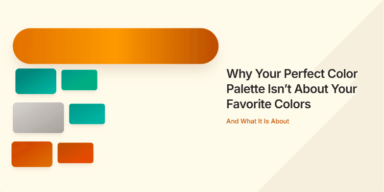 A slide about color theory titled 'Why Your Perfect Color Palette Isn’t About Your Favorite Colors'. The left side features an animated ochre brushstroke and floating color swatches in teal, stone, and terracotta. The right side lists four key principles of color selection: Context, Contrast, Emotion, and Hierarchy. Fragment #3