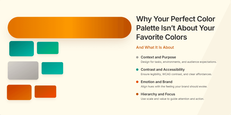 A slide about color theory titled 'Why Your Perfect Color Palette Isn’t About Your Favorite Colors'. The left side features an animated ochre brushstroke and floating color swatches in teal, stone, and terracotta. The right side lists four key principles of color selection: Context, Contrast, Emotion, and Hierarchy. Fragment #4