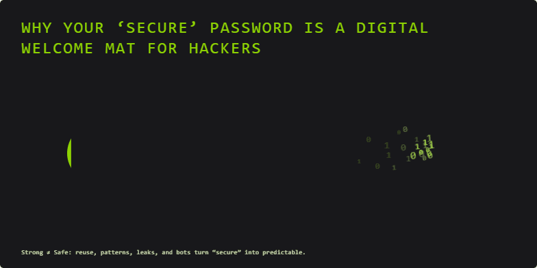 A minimalist slide about password security with a charcoal background. The title, 'Why Your ‘Secure’ Password Is a Digital Welcome Mat for Hackers', glows in a flickering neon-green font. In the center, an animation shows a solid green key silhouette being erased from left to right, as a cloud of green binary digits (0s and 1s) emerges and drifts away from the disappearing edge.