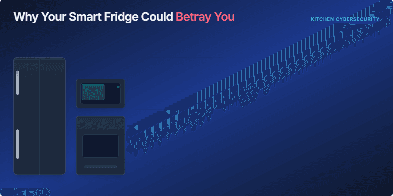 A dark, cyberpunk-style illustration of a kitchen with connected appliances. Animated data streams flow from the devices, highlighting their vulnerability to cyber threats. Red highlights and rings emphasize security breaches. Text on the right lists high-risk paths like default passwords and outdated firmware, along with defense strategies like changing defaults and enabling auto-updates. Fragment #1