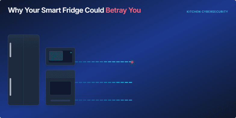 A dark, cyberpunk-style illustration of a kitchen with connected appliances. Animated data streams flow from the devices, highlighting their vulnerability to cyber threats. Red highlights and rings emphasize security breaches. Text on the right lists high-risk paths like default passwords and outdated firmware, along with defense strategies like changing defaults and enabling auto-updates. Fragment #2