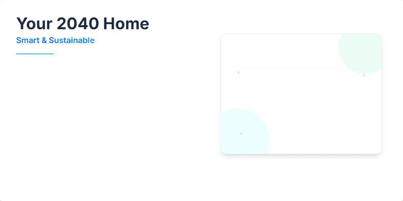A futuristic home visualization with glowing icons and subtle animations showcasing smart energy management, biophilic design, and a circular water system. The color palette is cool blues and greens, evoking a sense of calm and sophisticated living. Fragment #1