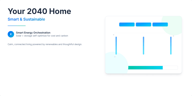 A futuristic home visualization with glowing icons and subtle animations showcasing smart energy management, biophilic design, and a circular water system. The color palette is cool blues and greens, evoking a sense of calm and sophisticated living. Fragment #2