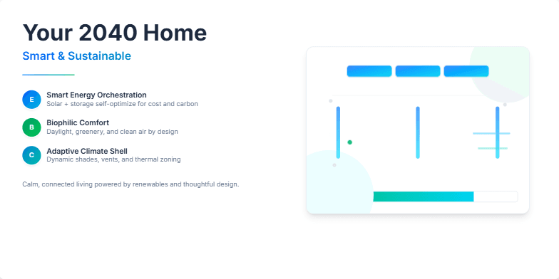 A futuristic home visualization with glowing icons and subtle animations showcasing smart energy management, biophilic design, and a circular water system. The color palette is cool blues and greens, evoking a sense of calm and sophisticated living. Fragment #4