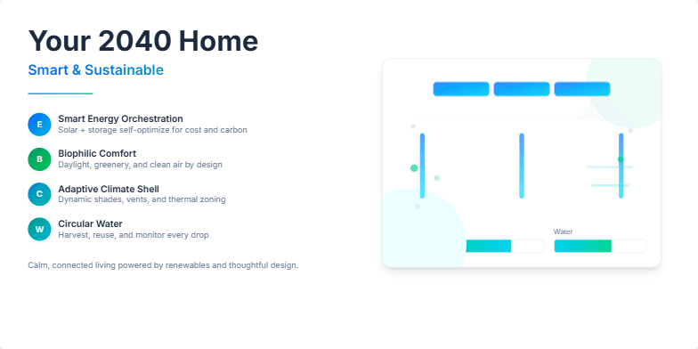 A futuristic home visualization with glowing icons and subtle animations showcasing smart energy management, biophilic design, and a circular water system. The color palette is cool blues and greens, evoking a sense of calm and sophisticated living.