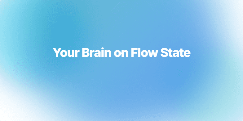 A slide with a calming blue-green gradient background and the title 'Your Brain on Flow State: Hack Your Productivity.' White particles swirl gently around the title. Phrases like 'Unlock Peak Performance' and 'Find Your Flow' shimmer, promising enhanced productivity. Fragment #1